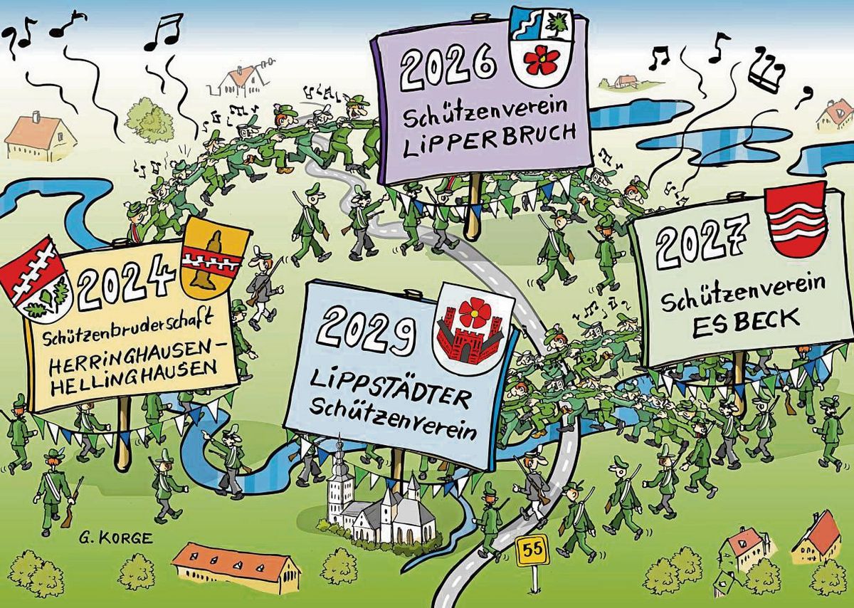 Die Kreisschützenfest-Musik spielt in Lippstadt – und zwar bis 2029 ausnahmslos. Klar, dass die Stadt in der Illustration unseres Zeichners Gerd Korge angesichts der Schützen-Dauersause nicht aus dem Feiern herauskommt.