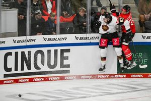 Harte Zweikämpfe gab es zwischen Deutschland und Österreich beim Deutschland Cup. - Foto: Armin Weigel/dpa