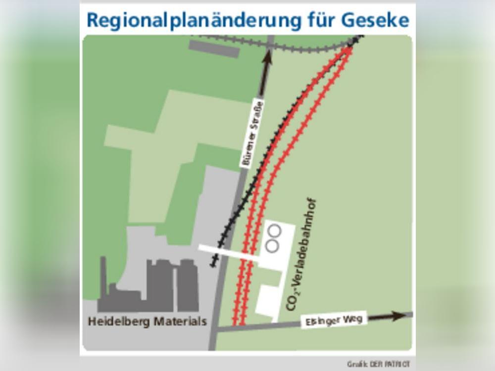 Die Bürener Straße führt von Geseke zur A44. Während Heidelberg Materials auf seinem westlich gelegenen Gelände die Oxyfuel-Technik bauen will, sollen der CO2-Verladebahnhof und neue Gleise (rot) östlich der Straße entstehen.