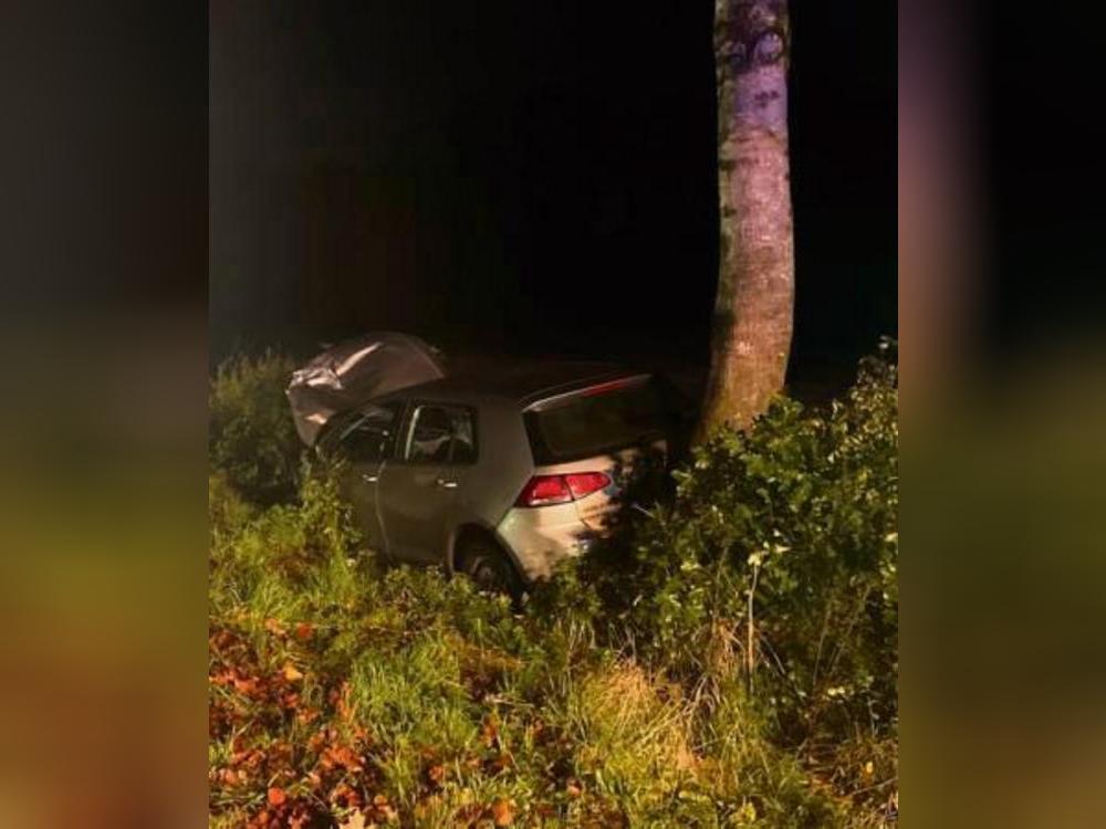 Auf der L748 bei Altenmellrich prallte ein Auto gegen einen Baum, nachdem ein entgegenkommender Transporter in den Gegenverkehr geriet. Foto: Polizei