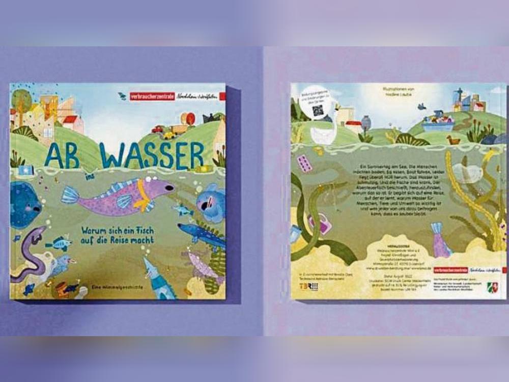 Das kleine Wimmelbuch „ABinsWASSER“ von vorne und hinten: Bunte Illustrationen laden zum Entdecken ein, während ein QR-Code auf der Rückseite weitere spannende Infos und Malvorlagen bereithält.