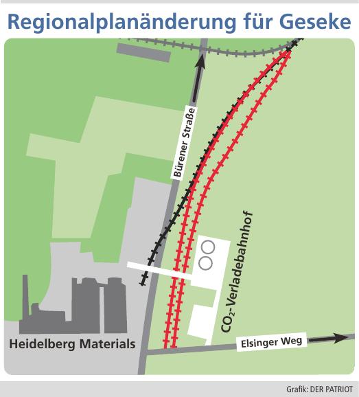 Die Bürener Straße führt von Geseke zur A44. Während Heidelberg Materials auf seinem westlich gelegenen Gelände die Oxyfuel-Technik bauen will, sollen der CO2-Verladebahnhof und neue Gleise (rot) östlich der Straße entstehen.