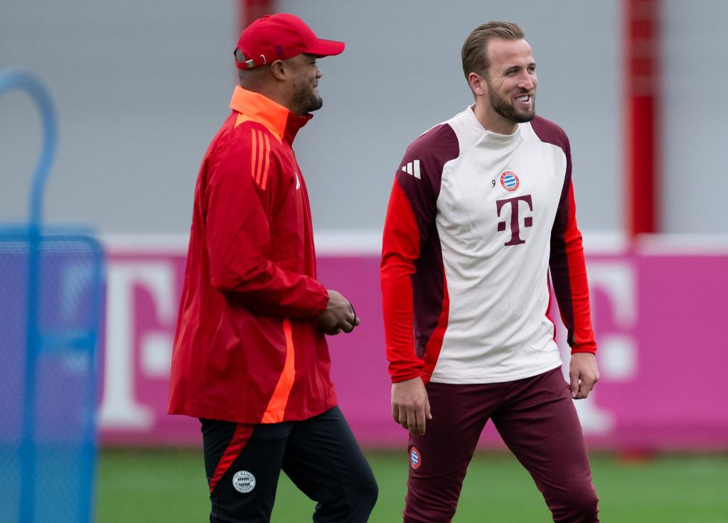 Gut gelaunt beim Training: Trainer Vincent Kompany (l) und Torjäger Harry Kane. - Foto: Sven Hoppe/dpa