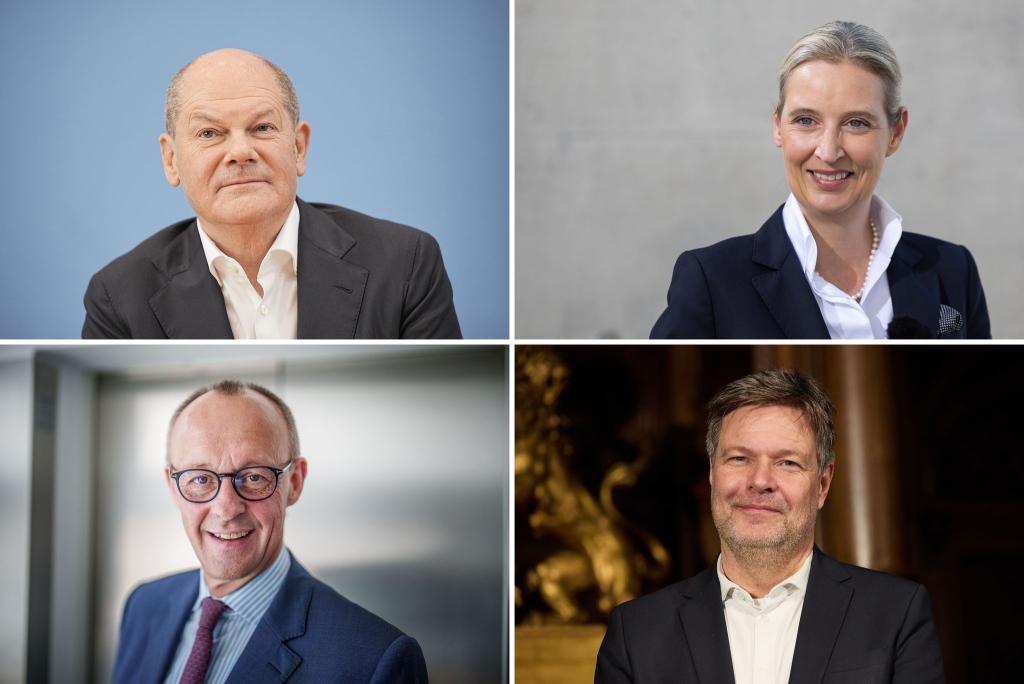 Olaf Scholz (SPD), Alice Weidel (AfD), Friedrich Merz (CDU), Robert Habeck (Bündnis 90/Die Grünen) - Kanzlerkandidaten ihrer Parteien bei der Bundestagswahl. (Archivbild) - Foto: Kappeler/Albert/Wendt/dpa