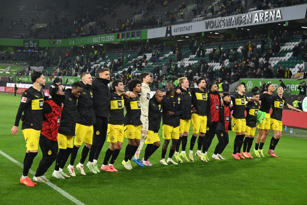 Jubel nach dem letzten Spiel des Jahres: Die Spieler von Borussia Dortmund feiern den 3:1-Sieg in Wolfsburg. - Foto: Swen Pförtner/dpa