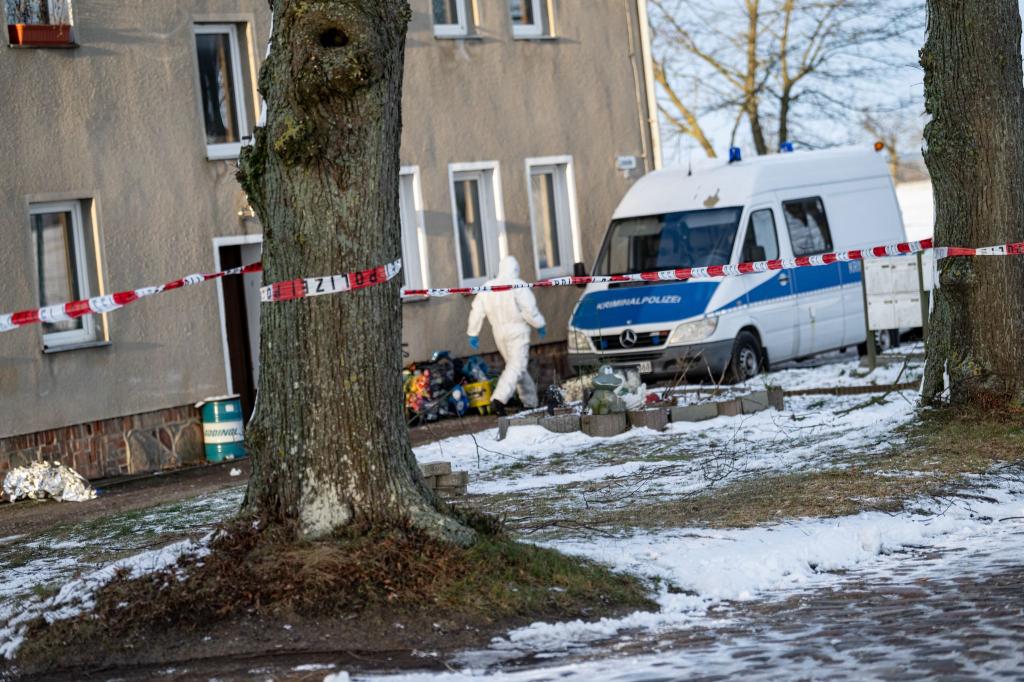 Die Polizei ist nach einer Gewaltattacke in einem Ortsteil von Casekow in der brandenburgischen Uckermark im Einsatz und sichert Spuren. - Foto: Fabian Sommer/dpa