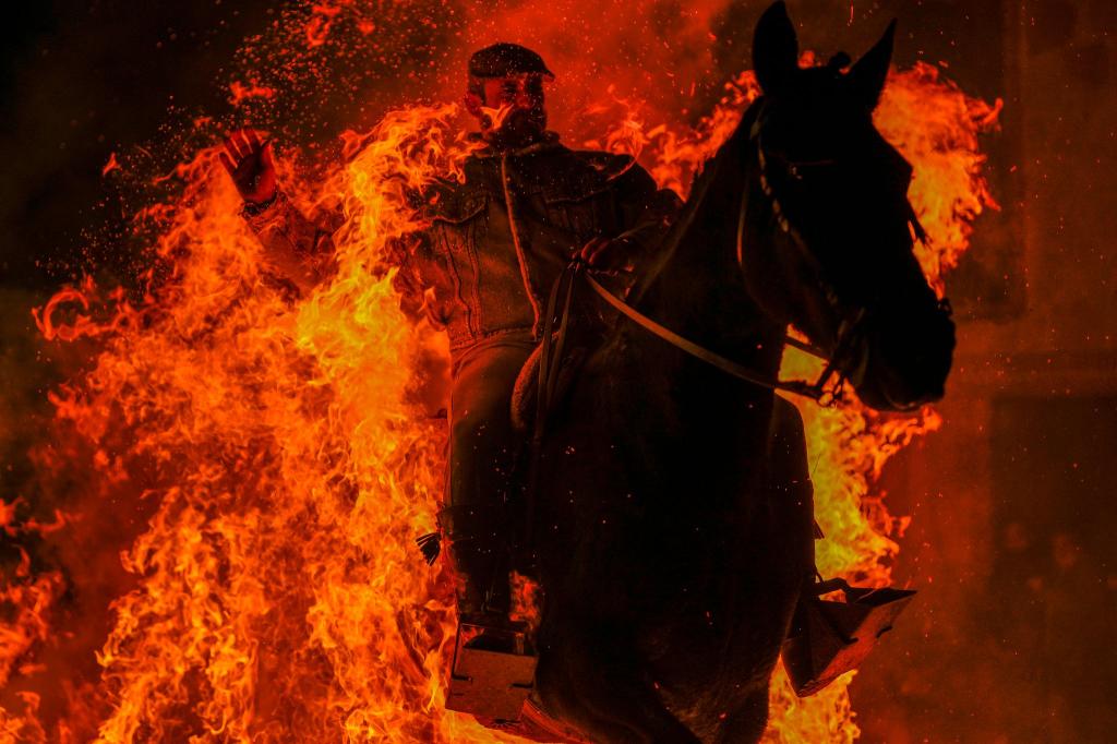 Feuriges Ritual: Mann reitet zu Ehren des Tier-Schutzpatrons durch Flammen - Foto: Manu Fernandez/AP/dpa