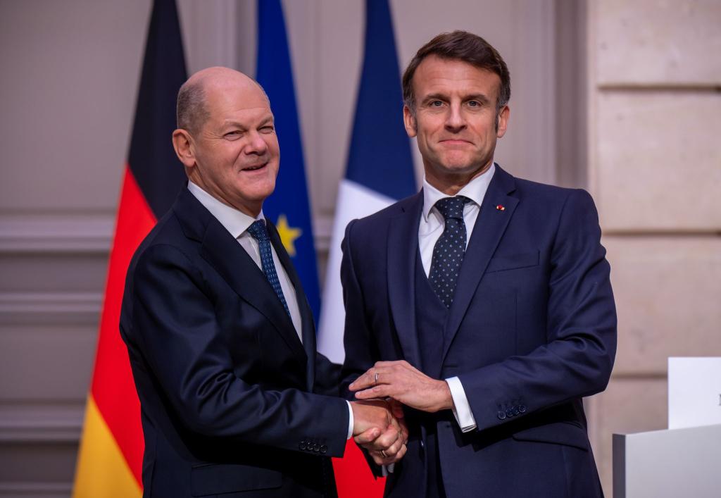 Kanzler Scholz und Präsident Macron beschwören Europas Einigkeit gegenüber Trump. - Foto: Michael Kappeler/dpa